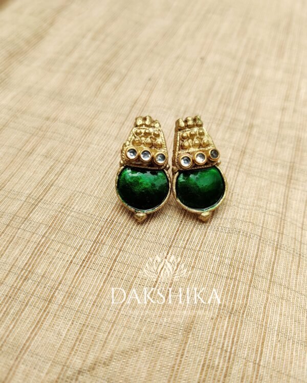 Palakka- Mid Length Necklace with Medium Size Earrings ( Golden with Green) - Image 2