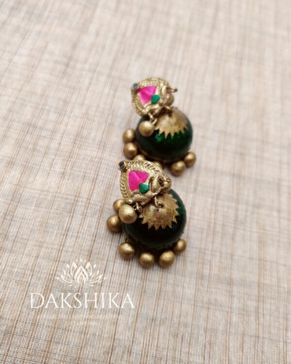 Terracotta- Small Size Jhumka ( Golden with  Pink & Green)
