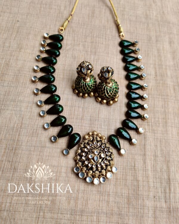 Terracotta- Medium Length Necklace with Big Size Jhumka ( Golden with Green )