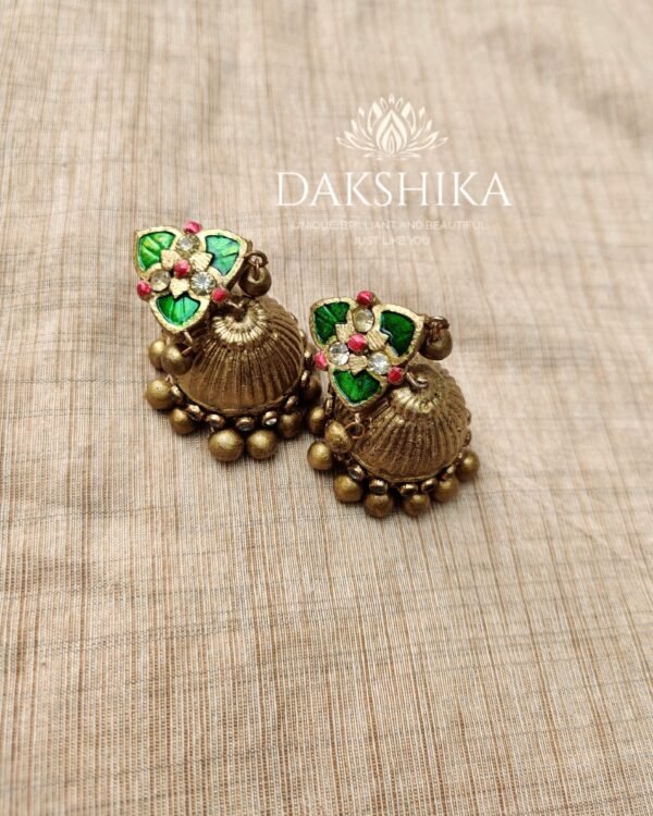 Palakka-Short Necklace with Big Size Jhumka ( Golden with Green & Pink) - Image 3