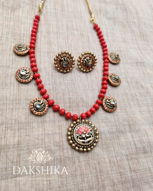 Terracotta-Medium Length Necklace with Big Size Earrings ( Golden with Red) - Image 3