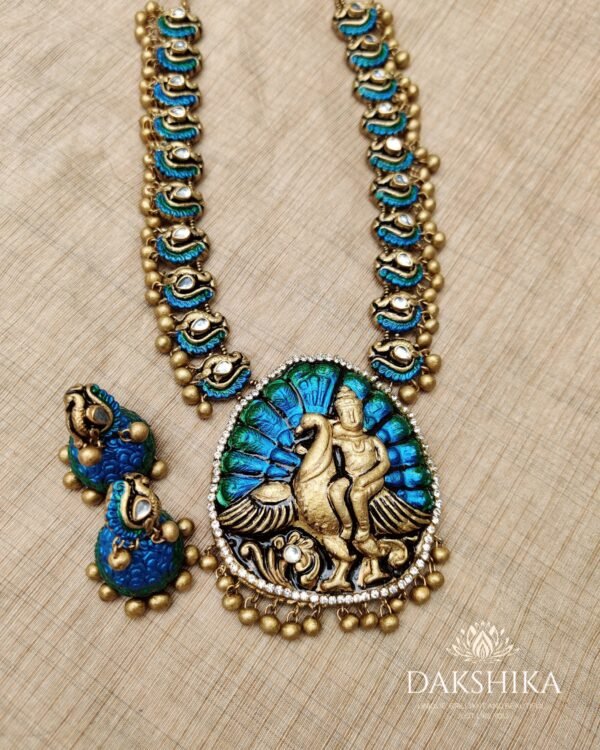Peacock- Long Necklace with Big Size Jhumka ( Golden with Blue & Green) - Image 2
