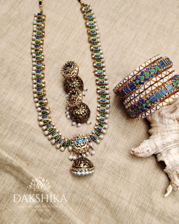 Terracotta- Necklace With Jhumka & Bangles (Golden With Green & Blue)