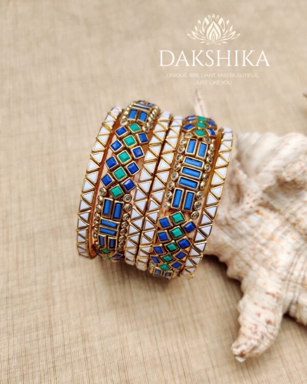 Terracotta- Necklace With Jhumka & Bangles (Golden With Green & Blue) - Image 3