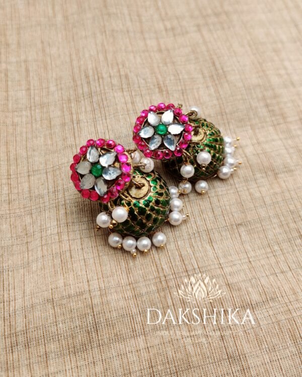 Terracotta- Medium Size Jhumka ( Golden with Pink & Green)