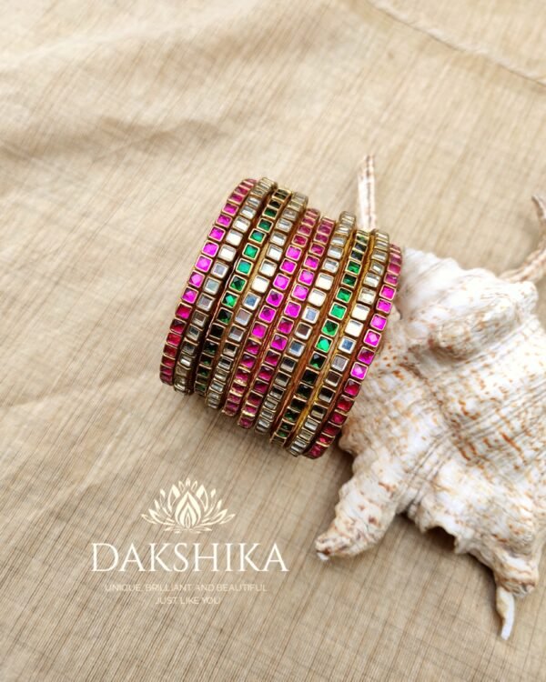 Terracotta- Silk Bangles With Stone ( Transparent with Pink & Green)