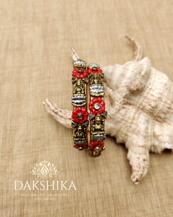 Terracotta- Clay Bangles (Golden With Red & Peal White)