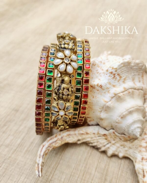 Terracotta- Clay with Stone  Bangles (Golden With Red & Green )