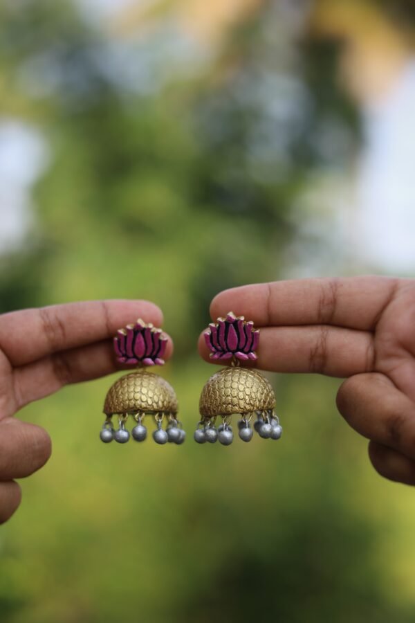 AMBUJA-Terracotta- Big Size Jhumka ( Golden with  Pink & Silver  )