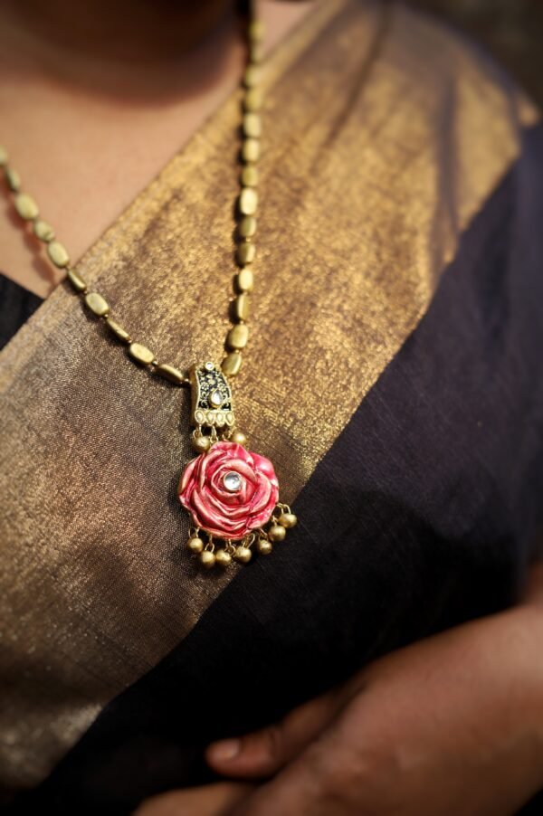 Terracotta -Long Necklace with Big Size Jhumka( Golden with Pink ) - Image 3