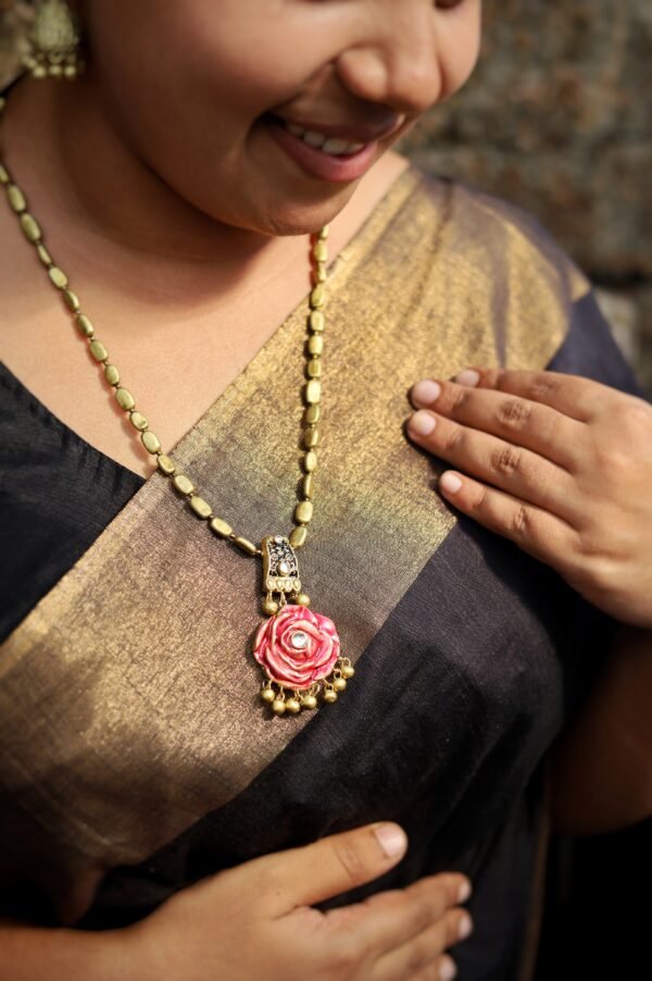 Terracotta -Long Necklace with Big Size Jhumka( Golden with Pink )