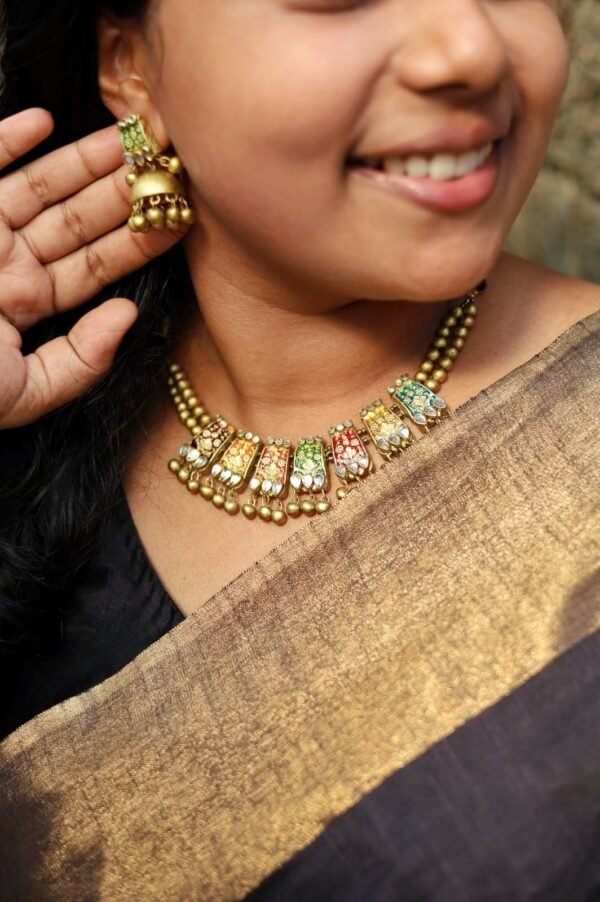 RAGINI-Terracotta -Short Necklace with Medium Size Jhumka ( Golden with Multi colour) - Image 2