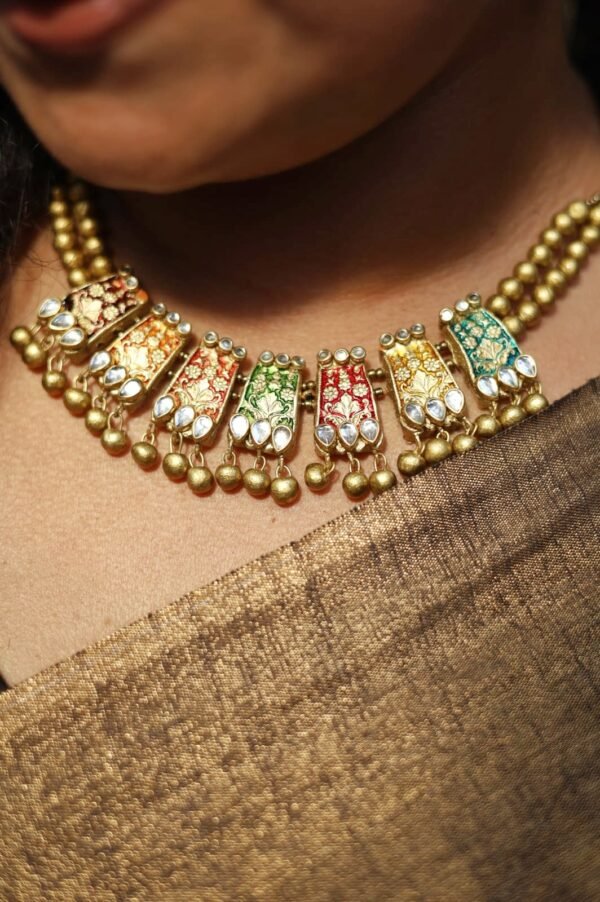 RAGINI-Terracotta -Short Necklace with Medium Size Jhumka ( Golden with Multi colour)