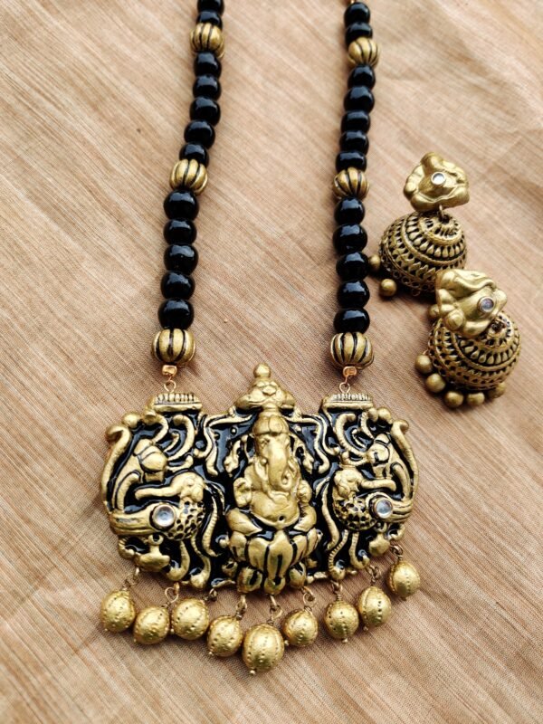 Terracotta -Long Necklace with Medium Size Jhumka( Golden with Black )