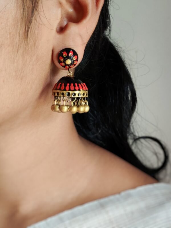 Terracotta- Medium Size Jhumka ( Golden with  Orange & Black )