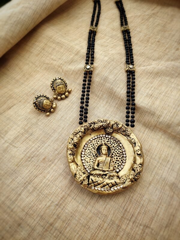 Terracotta -Long Necklace with Medium Size Earrings ( Golden with Black )