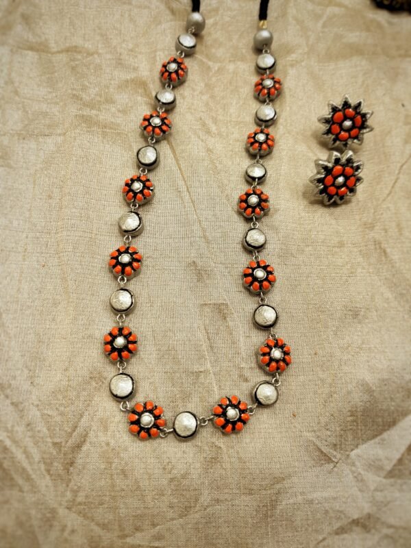 Terracotta -Long Necklace with Medium Size Earrings ( Golden with Pearl White & Orange )