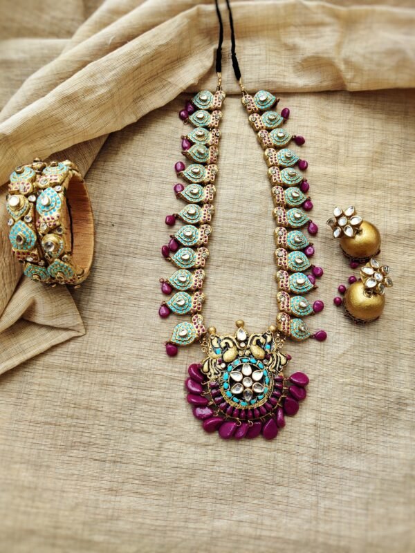 PUSHPA-Terracotta- Necklace With Jhumka & Bangles (Golden With Teal Blue & Purple)