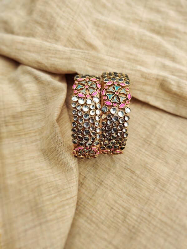 Terracotta- Silk Bangles With Stone ( Transparent with Pink & Green )