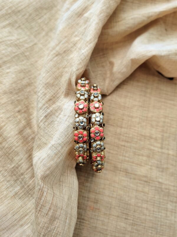Terracotta- Clay   Bangles (Golden With Pearl White & Pink)
