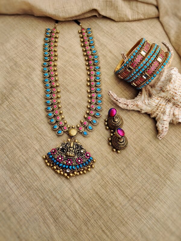 SANDHYA-Terracotta- Necklace With Jhumka & Bangles (Golden With Sky Blue & Pink )
