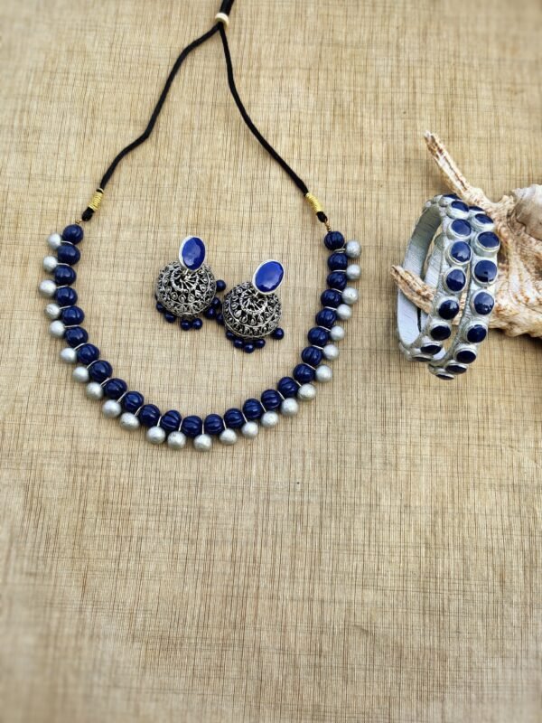 ANAGHA-Terracotta- Necklace With Jhumka & Bangles (Silver With Blue )