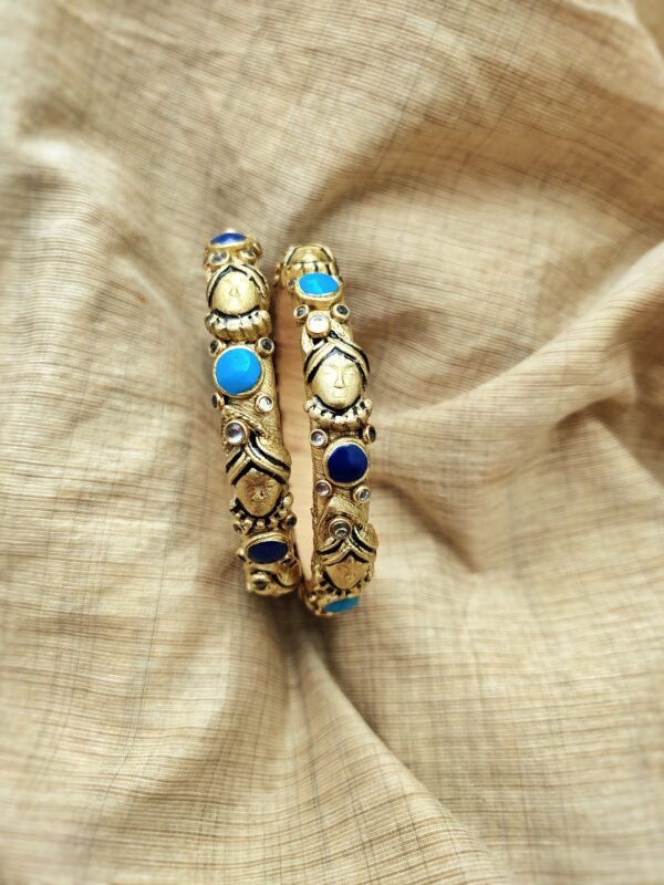 Terracotta- Clay   Bangles (Golden With Sky Blue & Navy Blue)