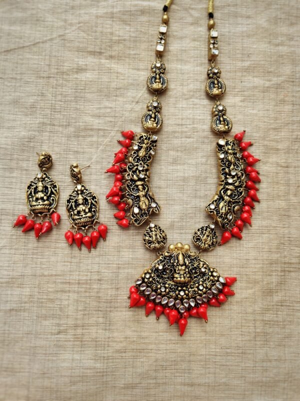 Terracotta -Long Necklace with Big Size Earrings ( Golden with Red )