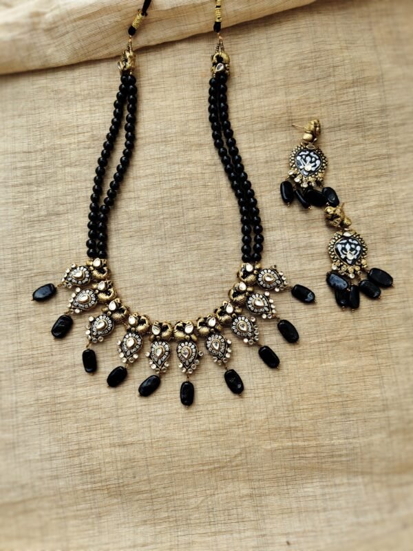 Terracotta -Long Necklace with Medium Size Earrings ( Golden with Black )