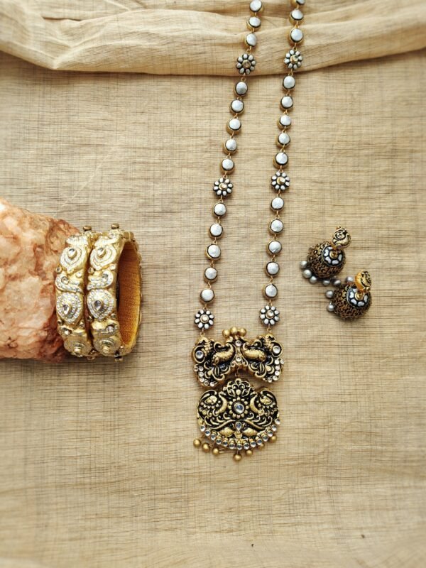 PUSHPA-Terracotta- Necklace With Jhumka & Bangles (Golden With Pearl White )