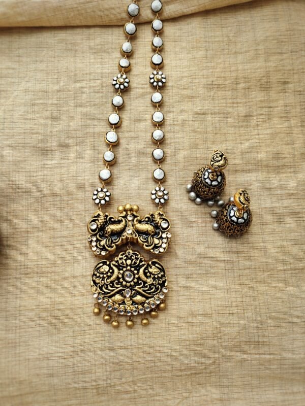 Terracotta -Long Necklace with Medium Size Jhumka( Golden with Pearl White)