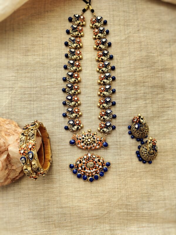 RESHMI-Terracotta- Necklace With Jhumka & Bangles (Golden With Blue & Orange )