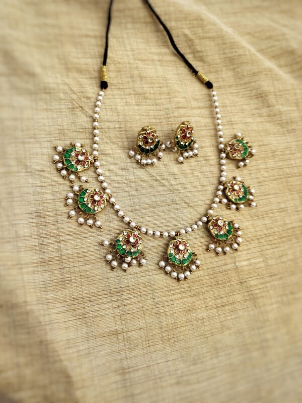 Terracotta -Short Necklace with Big Size Earrings( Golden with Green & Red )