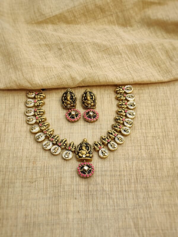 Terracotta -Short Necklace with Medium Size Earrings ( Golden with Pink )