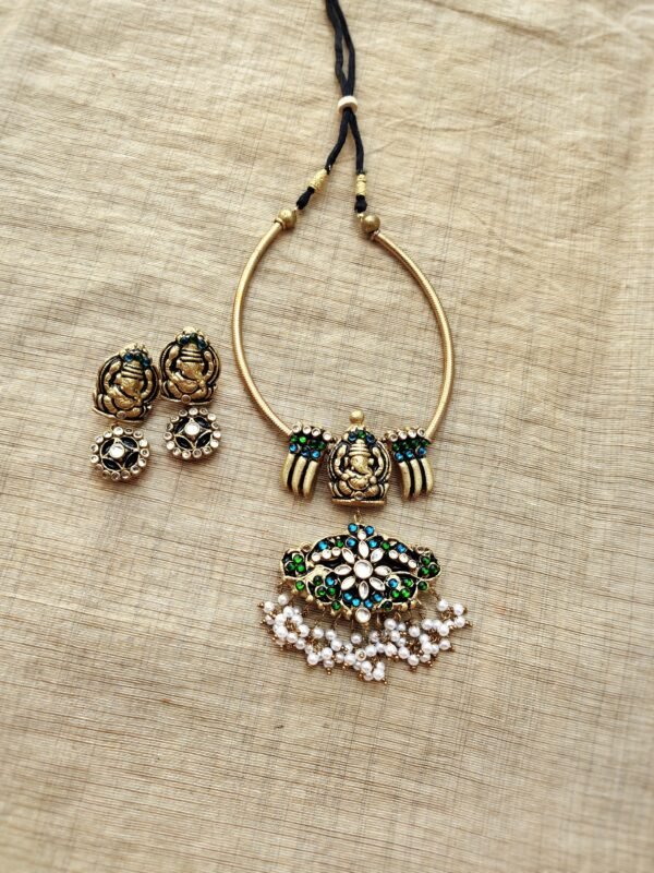 GANESHA-Terracotta -Short Necklace with Medium Size Earrings ( Golden with Green )