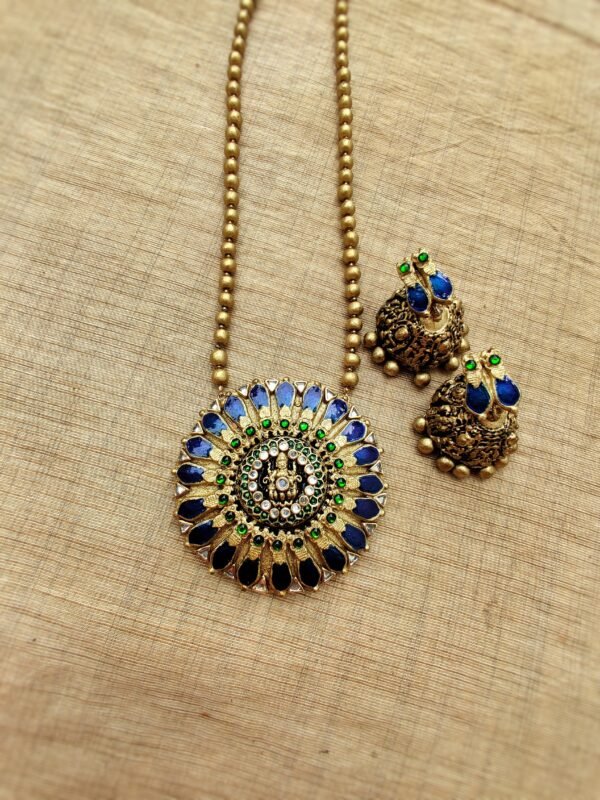 Terracotta -Long Necklace with Big Size Jhumka( Golden with Blue & Green)