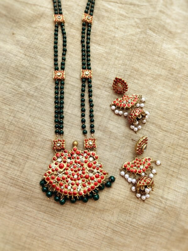 Terracotta -Long Necklace with Big Earrings with Small  Size Jhumka( Golden with Green & Red)