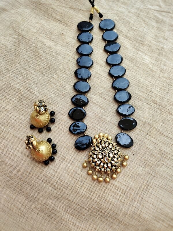 Terracotta -Long Necklace with Medium Size Jhumka( Golden with Black )