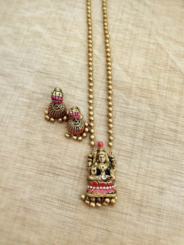 Terracotta -Long Necklace with Medium Size Jhumka( Golden with Pink )