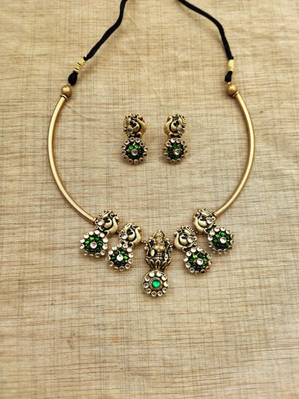 PEACOCK-Terracotta-Short Necklace with Medium Size Earrings ( Golden with Green )