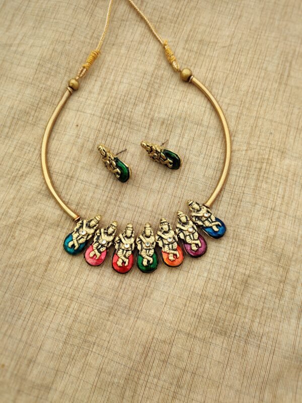KRISHNA-Terracotta -Short Necklace with Medium Size Earrings ( Golden with Multi color)