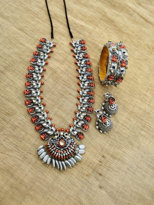 Terracotta- Necklace With Jhumka & Bangles (Silver With Orange )