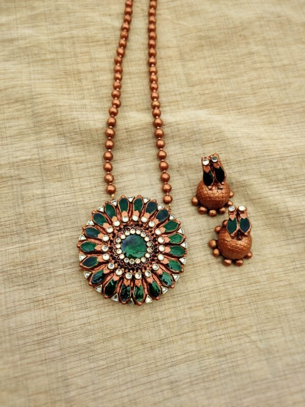 POOKKALAM-Terracotta -Long Necklace with Medium Size Jhumka( Copper with  Green)