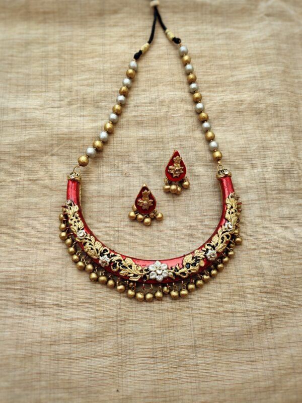 Terracotta-Short Necklace with Medium Size Earrings ( Golden with Red & Silver)