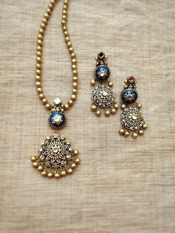 Terracotta -Long Necklace with Big Size Earrings ( Golden with Blue )