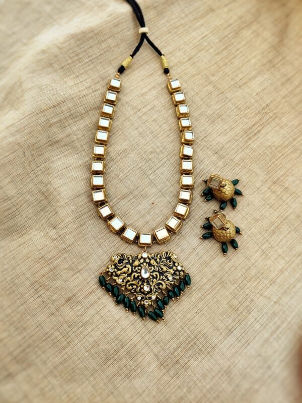 Terracotta-Short Necklace with Small Size Jhumka( Golden with Green)