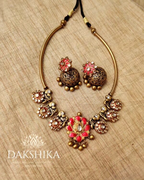 Terracotta-Short Necklace with Medium Size Jhumka ( Golden with Red)
