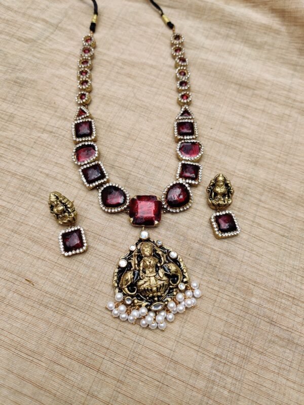 Terracotta -Long Necklace with Medium Size Earrings( Golden with Maroon )
