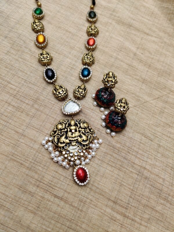 Terracotta -Long Necklace with Medium Size Jhumka( Golden with Multi Color )