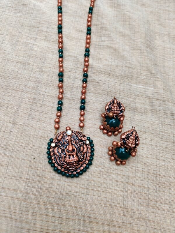 KARTYAYANI-Terracotta -Long Necklace with Medium Size Jhumka( Copper with Green)